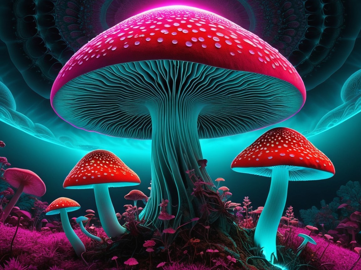 Surreal Landscape with Glowing Red-Capped Mushrooms