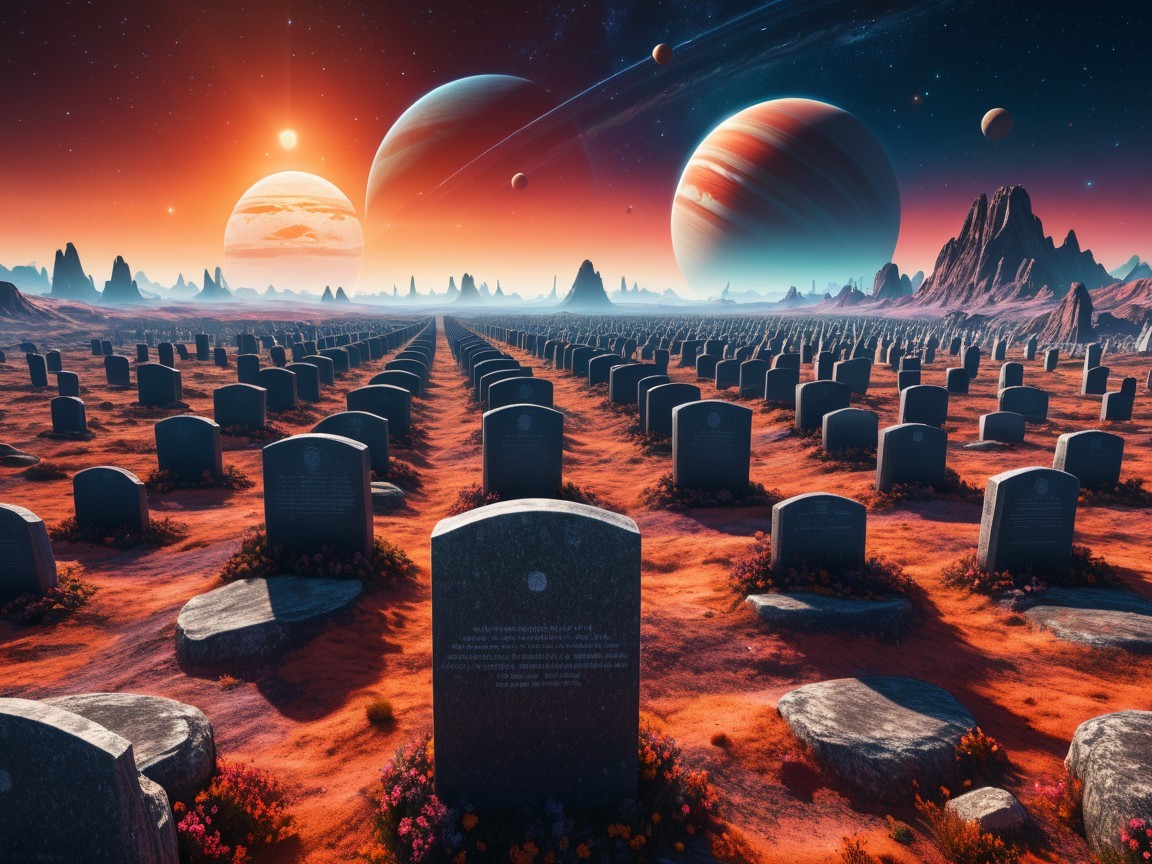 Surreal Graveyard Landscape with Cosmic Backdrop