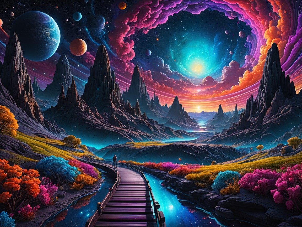 Surreal Landscape with Cosmic Backdrop and River