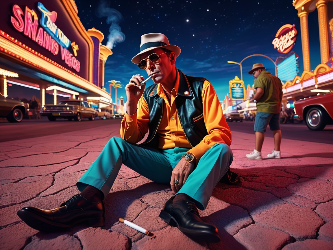 Stylish Man in Neon-Lit Las Vegas Street Scene
