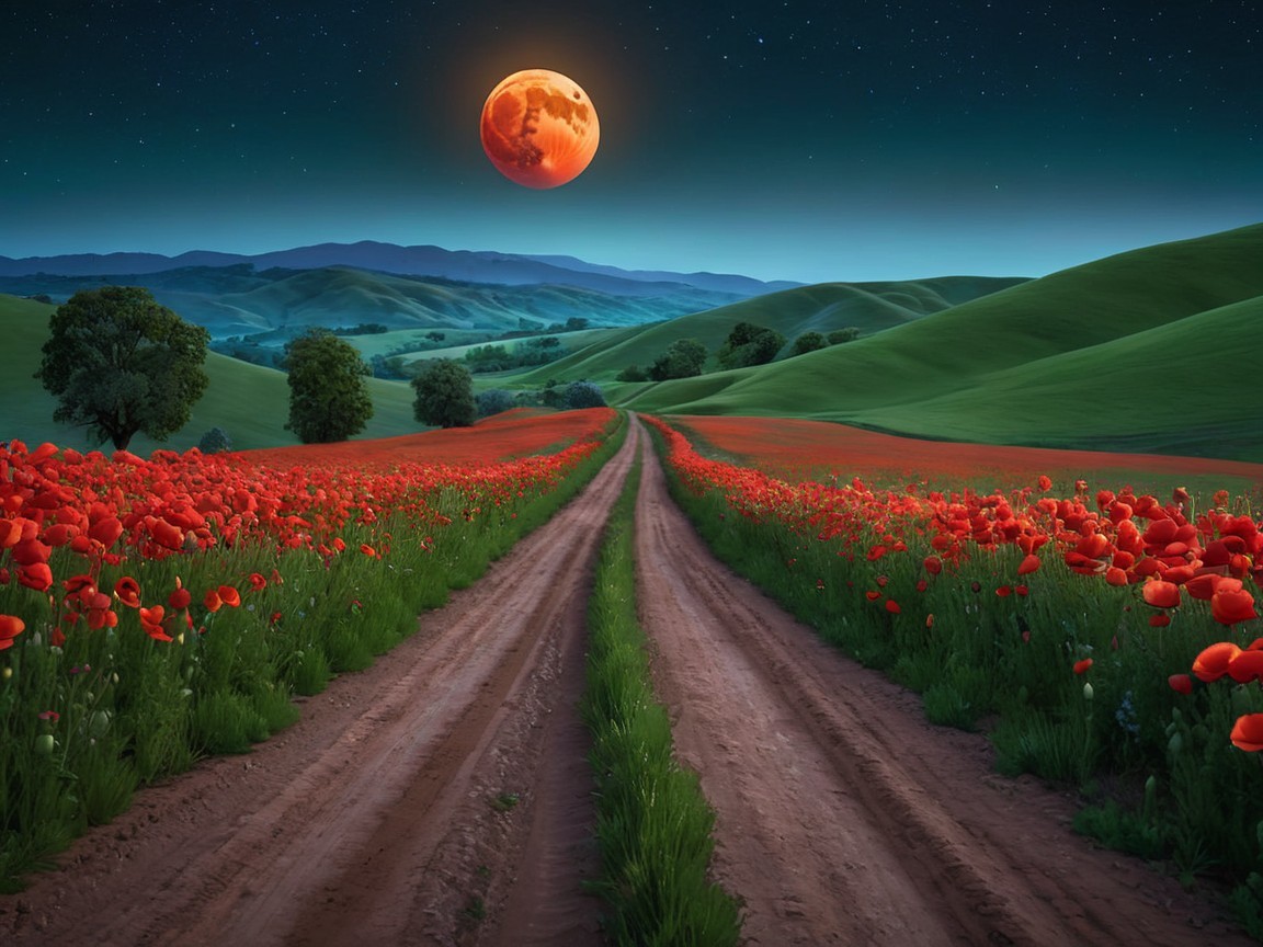 Serene Landscape with Poppy Flowers and Full Moon