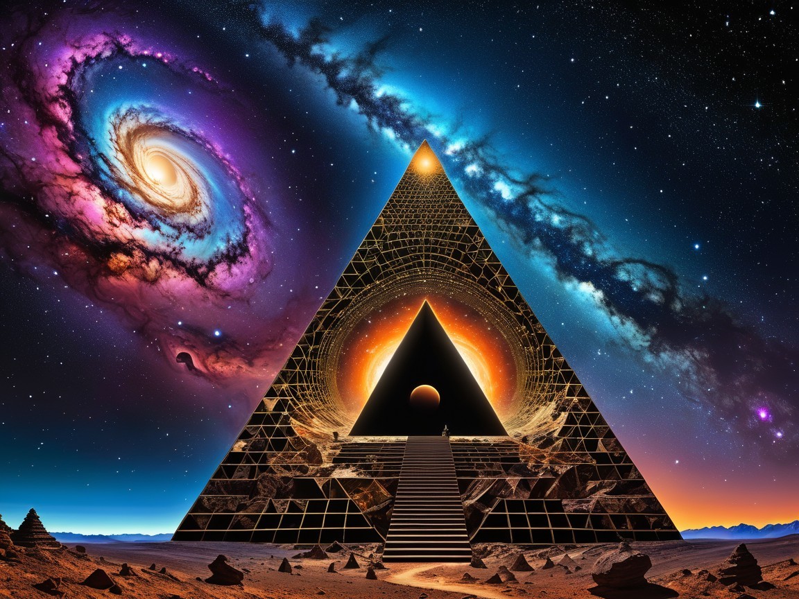 Massive Glowing Pyramid Surrounded by Galaxies and Nebulae