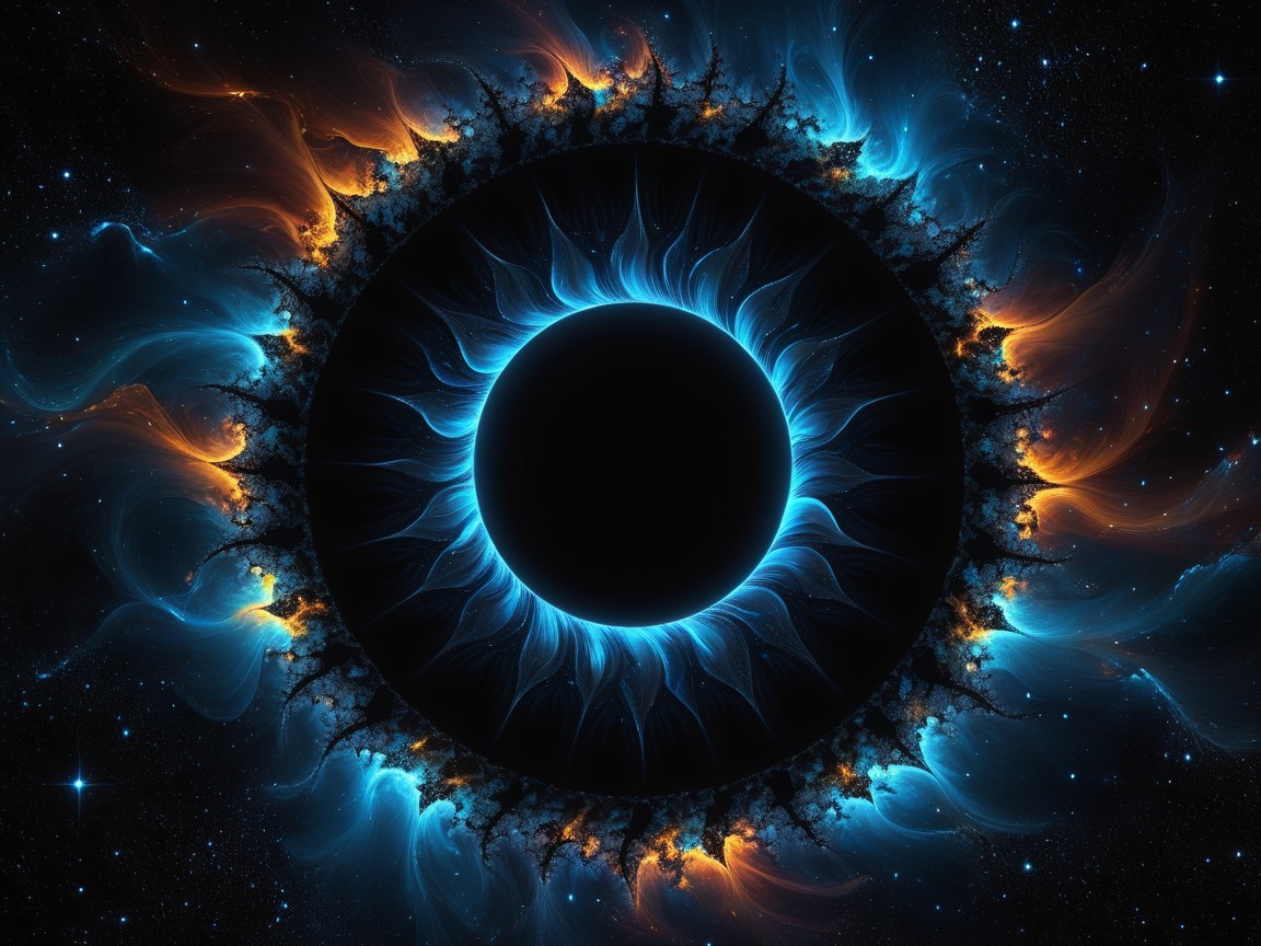 Cosmic Scene with Black Circle and Colorful Tendrils
