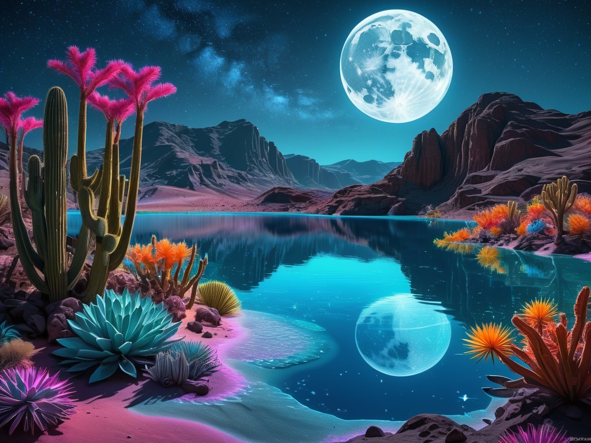 Surreal Landscape with Moonlit Lake and Colorful Flora