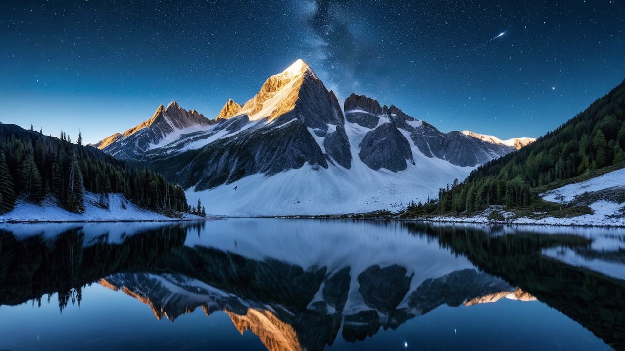 Mountain Landscape with Starry Sky and Calm Lake