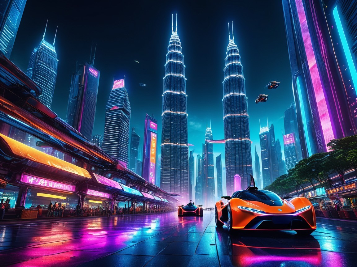 Futuristic cityscape with neon lights and skyscrapers
