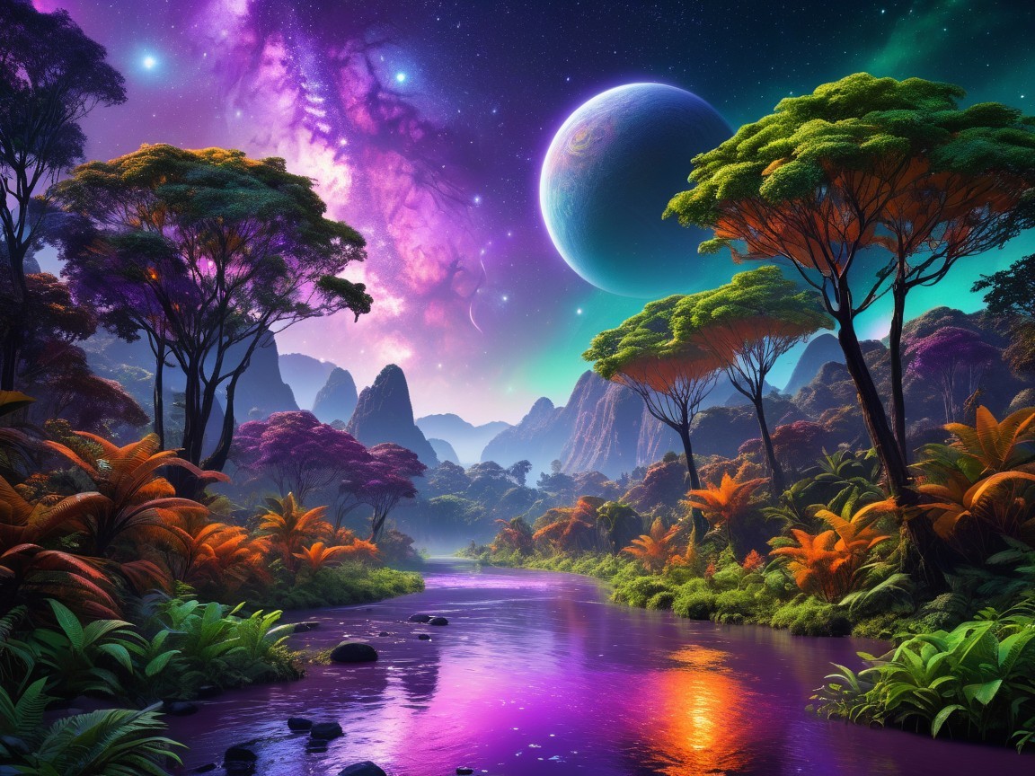 Vibrant Alien Landscape with Serene River and Trees