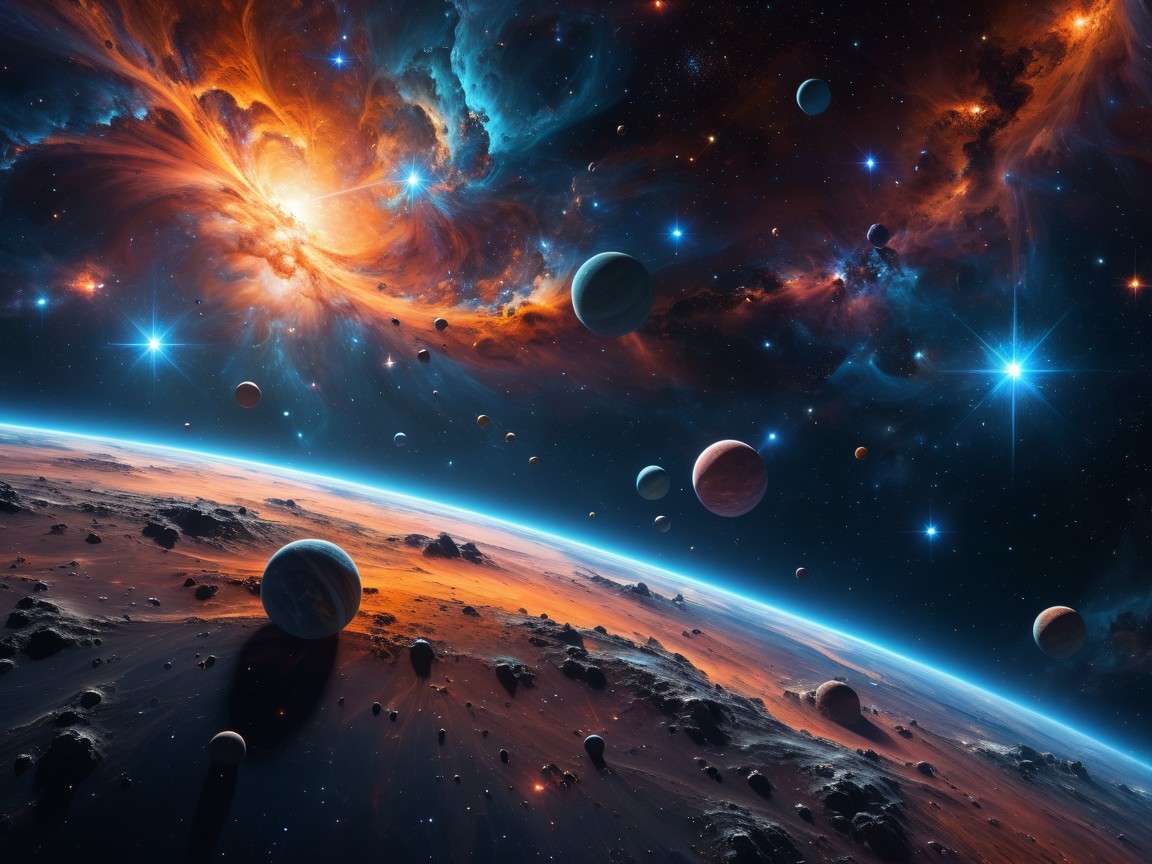 Vibrant Cosmic Scene with Nebulae and Planets