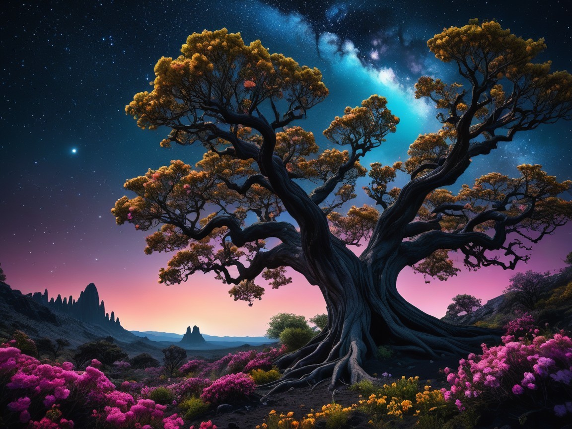 Gnarled tree with flowers under a twilight galaxy sky