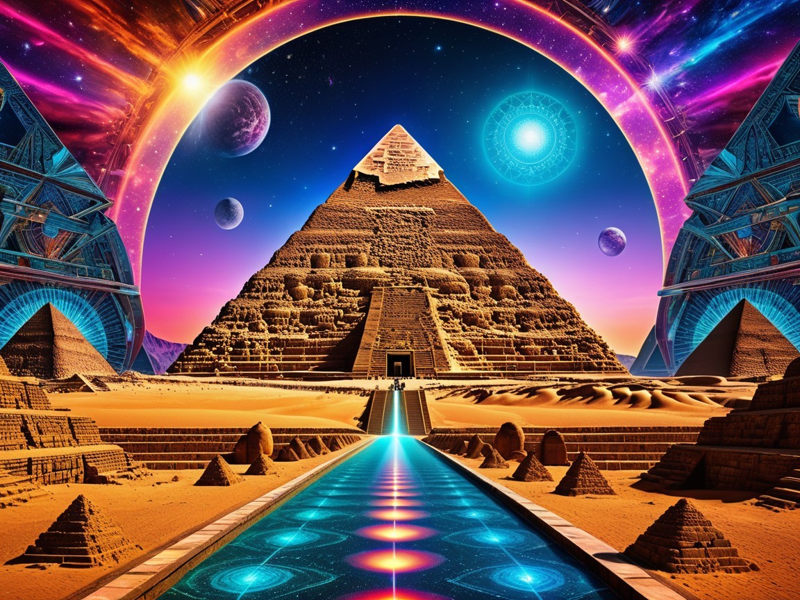 Surreal Landscape with Pyramid and Cosmic Sky