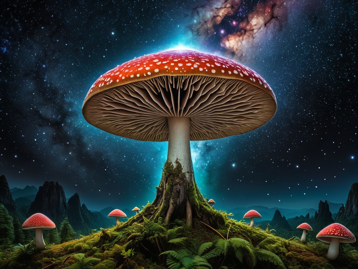 Oversized Red Mushroom in Surreal Night Landscape