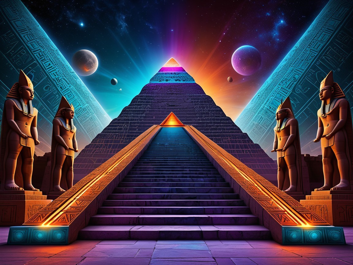 Grand Pyramid with Cosmic Scene and Hieroglyphics