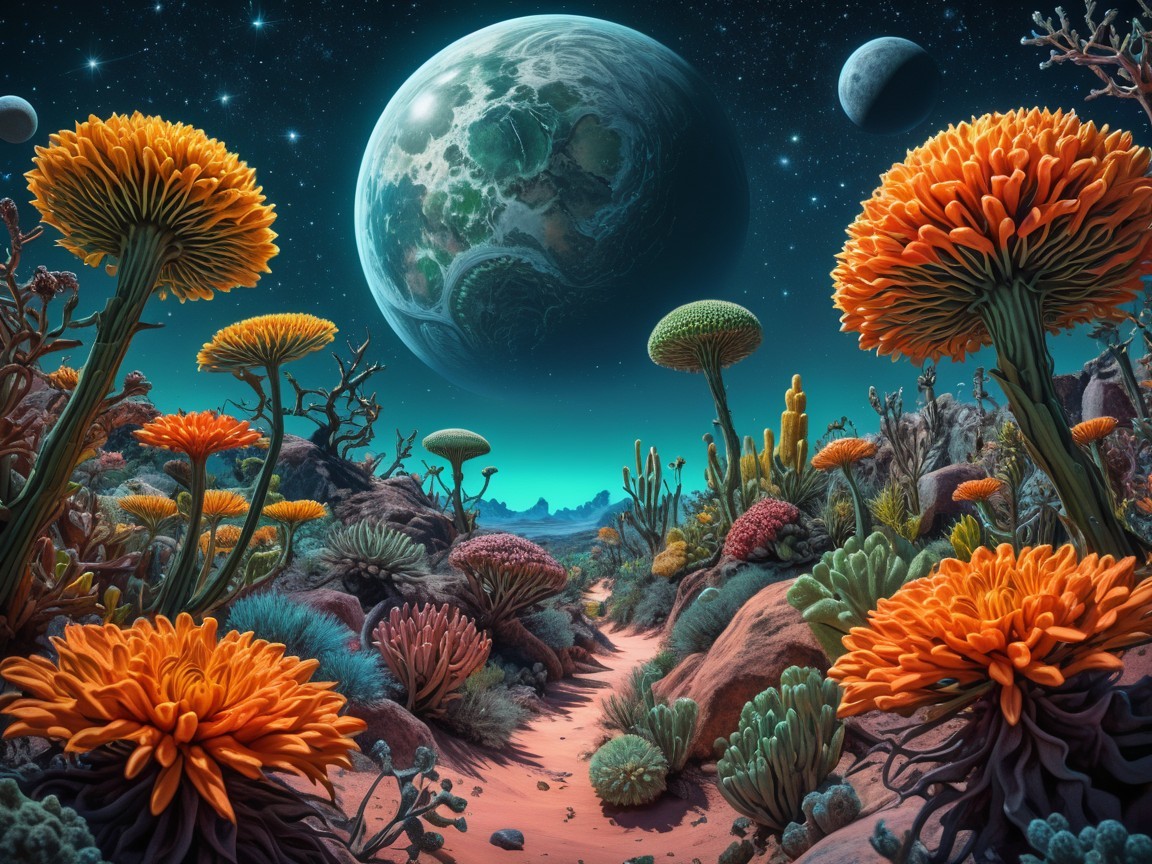 Surreal Alien Landscape with Vibrant Flora and Celestial Bodies