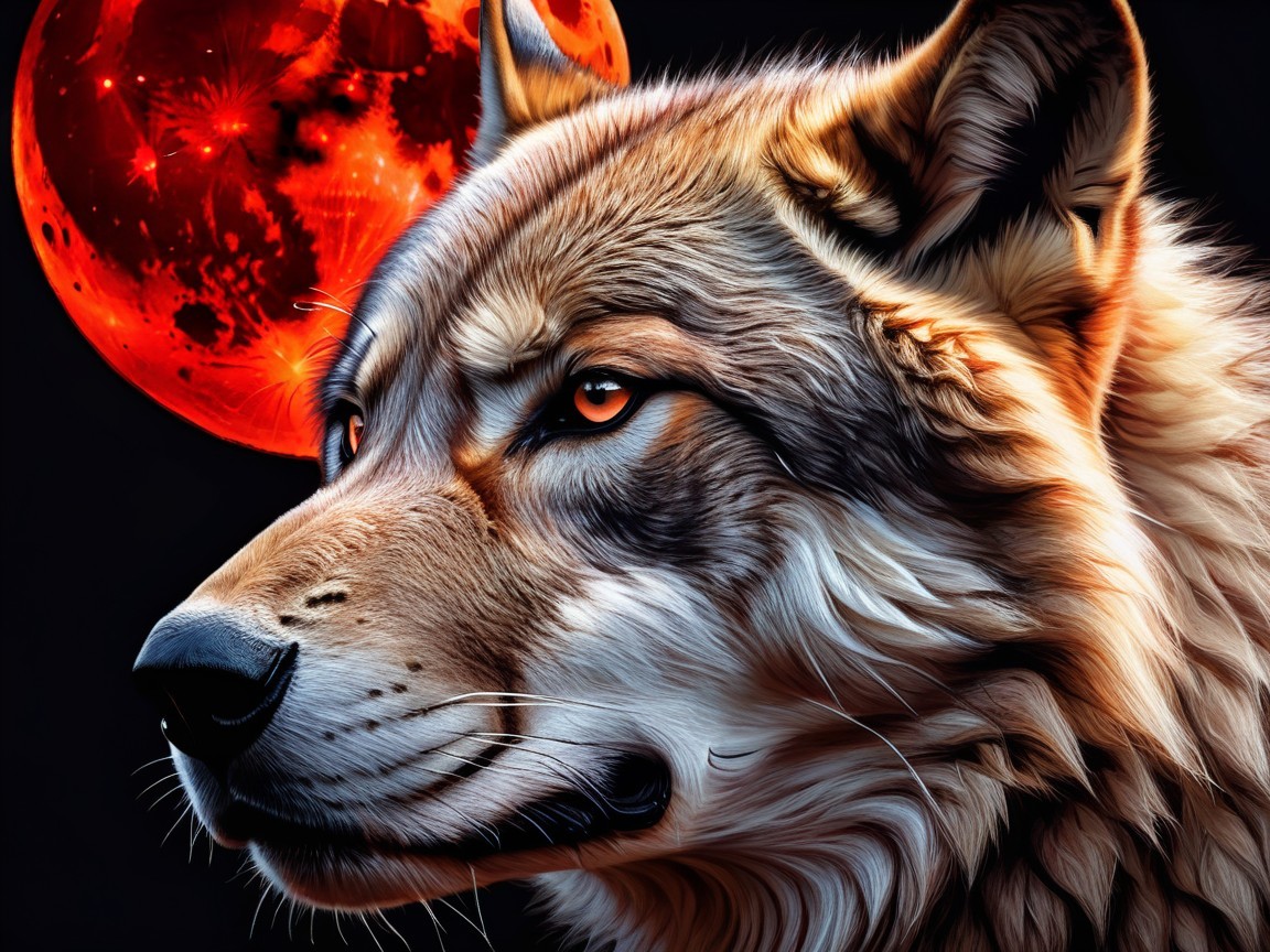 Wolf with Red Moon Background and Mystical Atmosphere