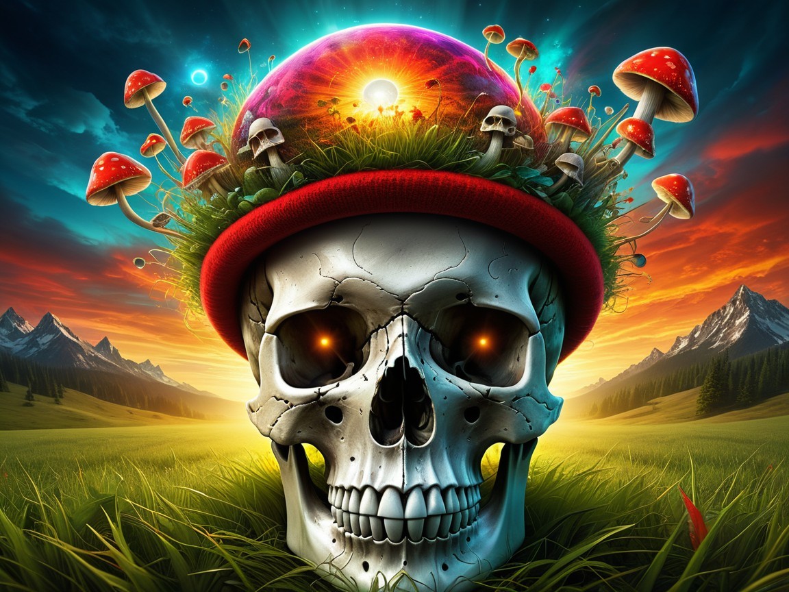 Surreal Landscape with Skull and Glowing Mushrooms