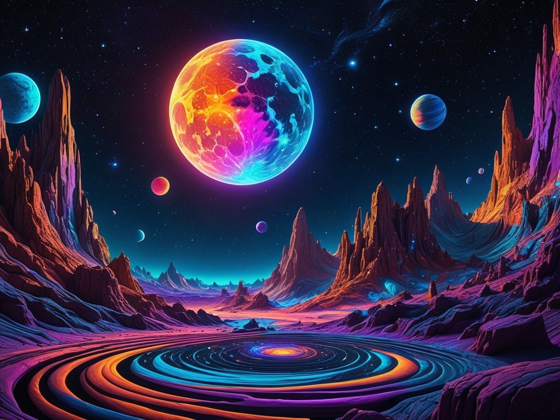 Vibrant Extraterrestrial Landscape with Colorful Moons