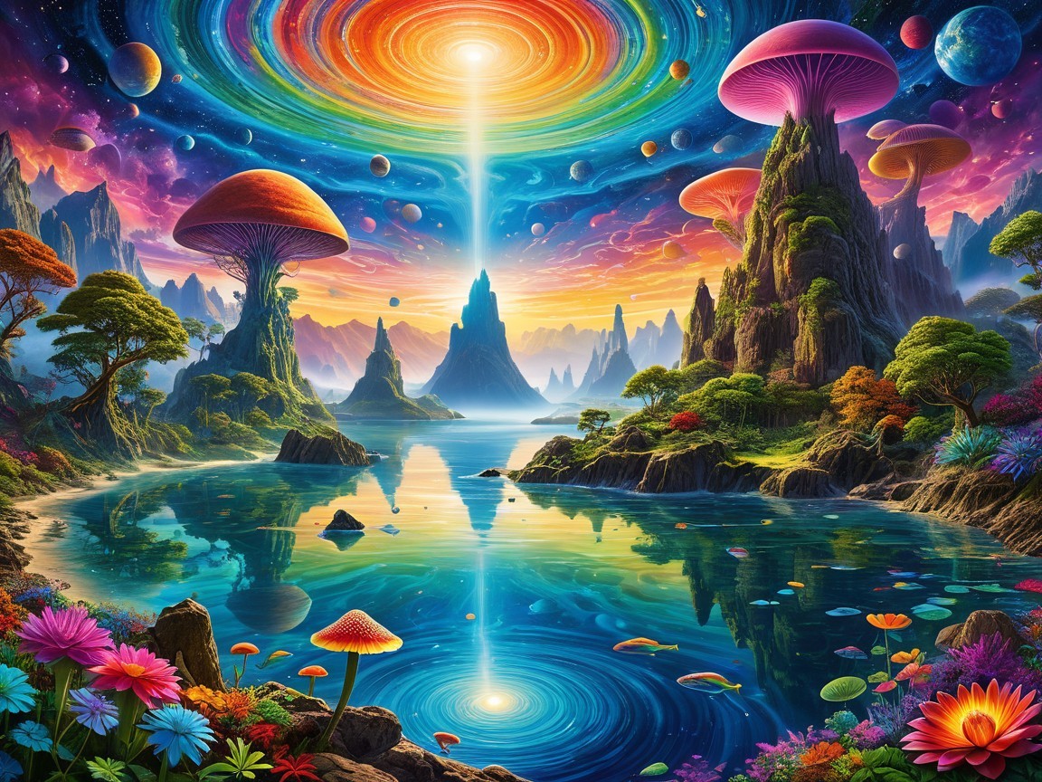 Vibrant Landscape with Colorful Mushrooms and Lake