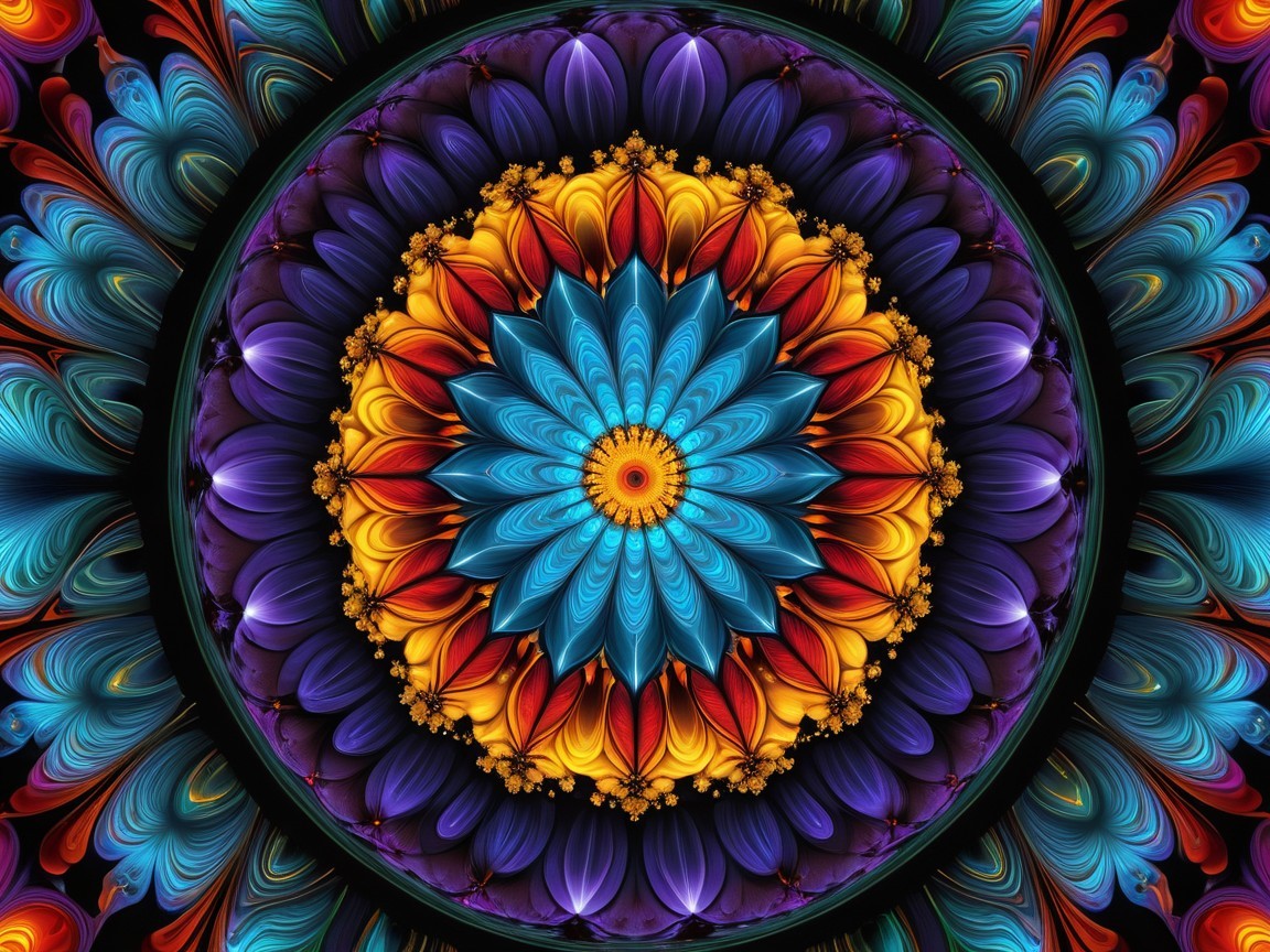 Colorful Fractal Mandala with Teal Flower Design