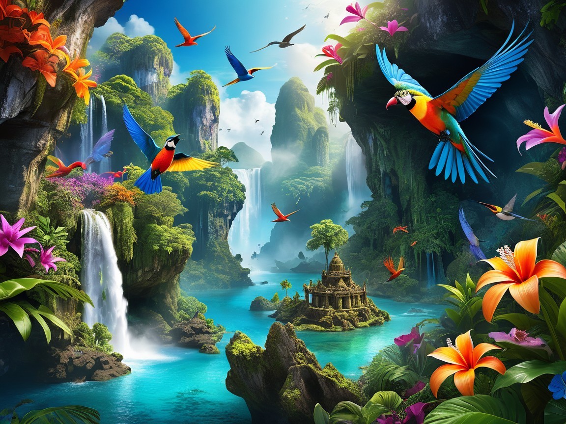 Tropical Paradise with Waterfalls and Lush Greenery