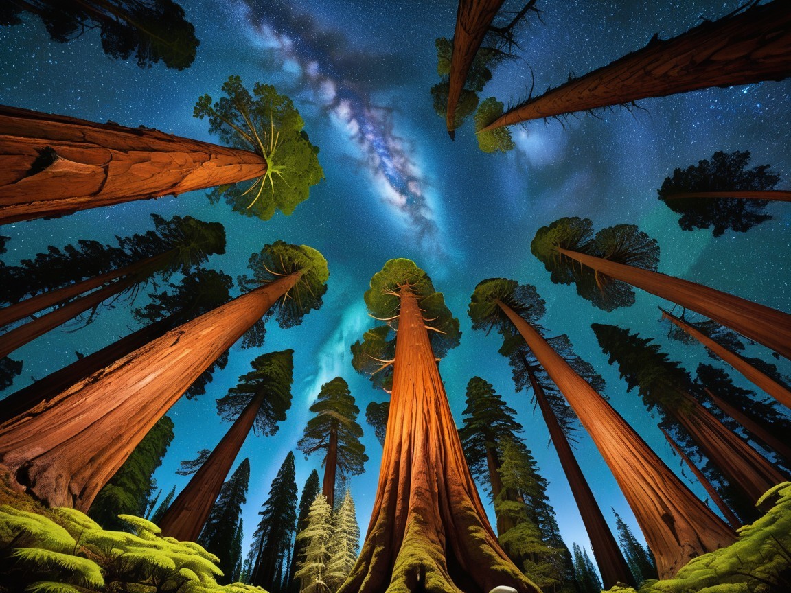 Redwood Trees Under Starry Night Sky with Milky Way