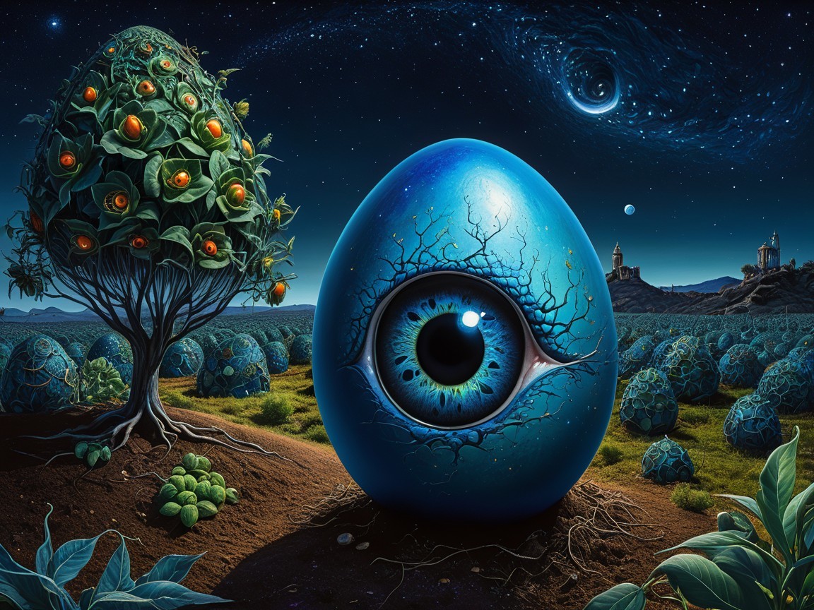 Surreal Landscape with Blue Egg and Whimsical Tree