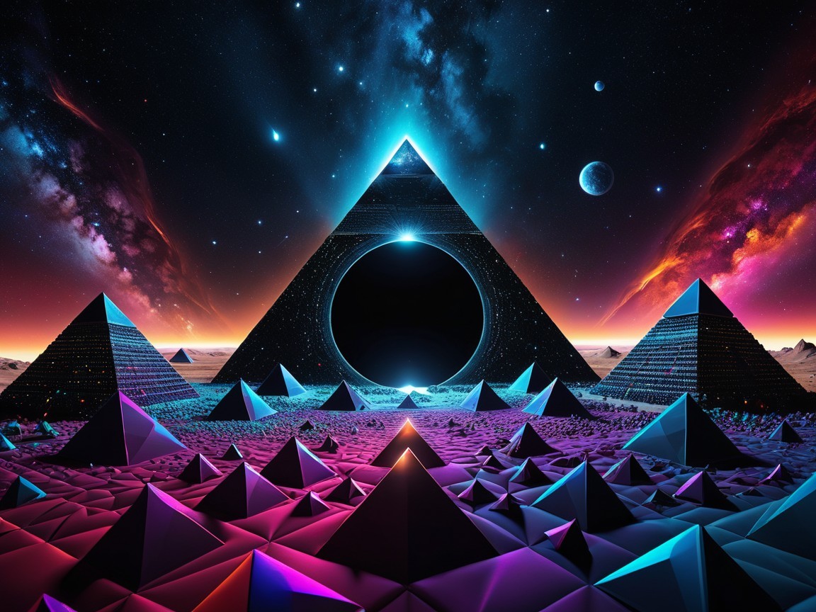 Surreal Landscape with Glowing Pyramids and Cosmic Sky