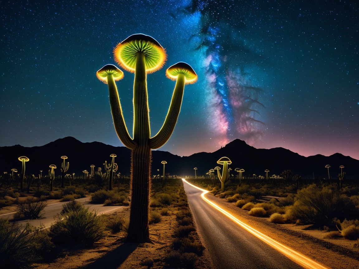 Surreal Night Desert Landscape with Glowing Cacti