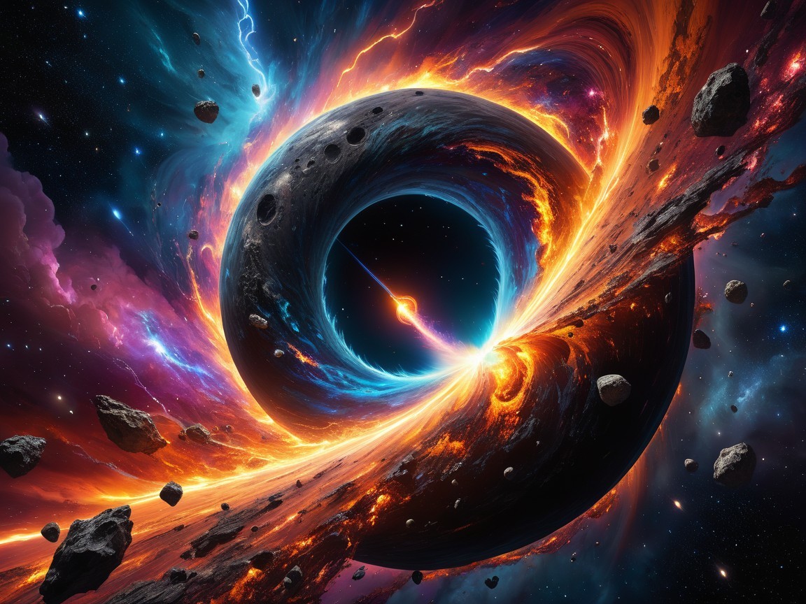 Cosmic Scene with Black Hole and Vibrant Nebulae