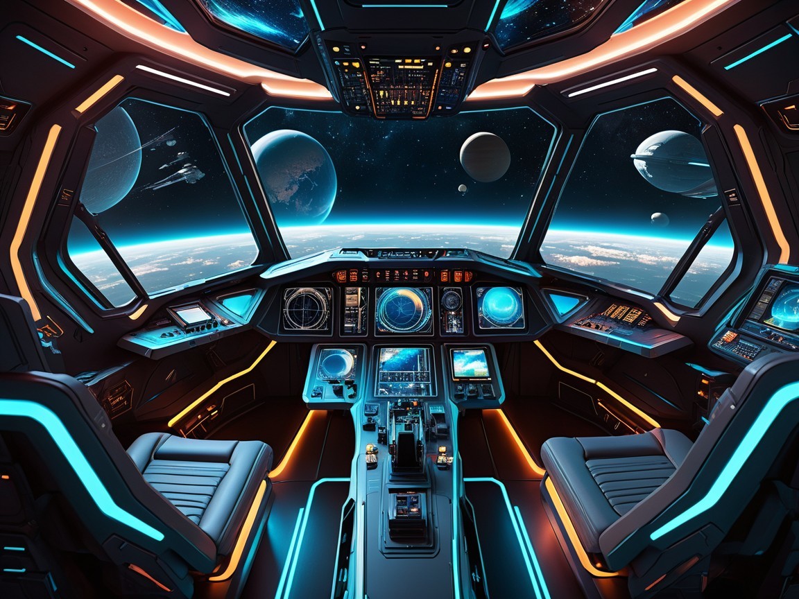 Futuristic Spaceship Cockpit with Celestial Views