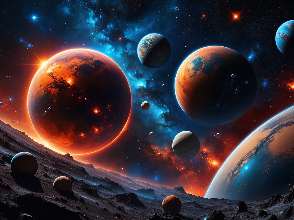 Vivid Cosmic Scene with Colorful Celestial Bodies
