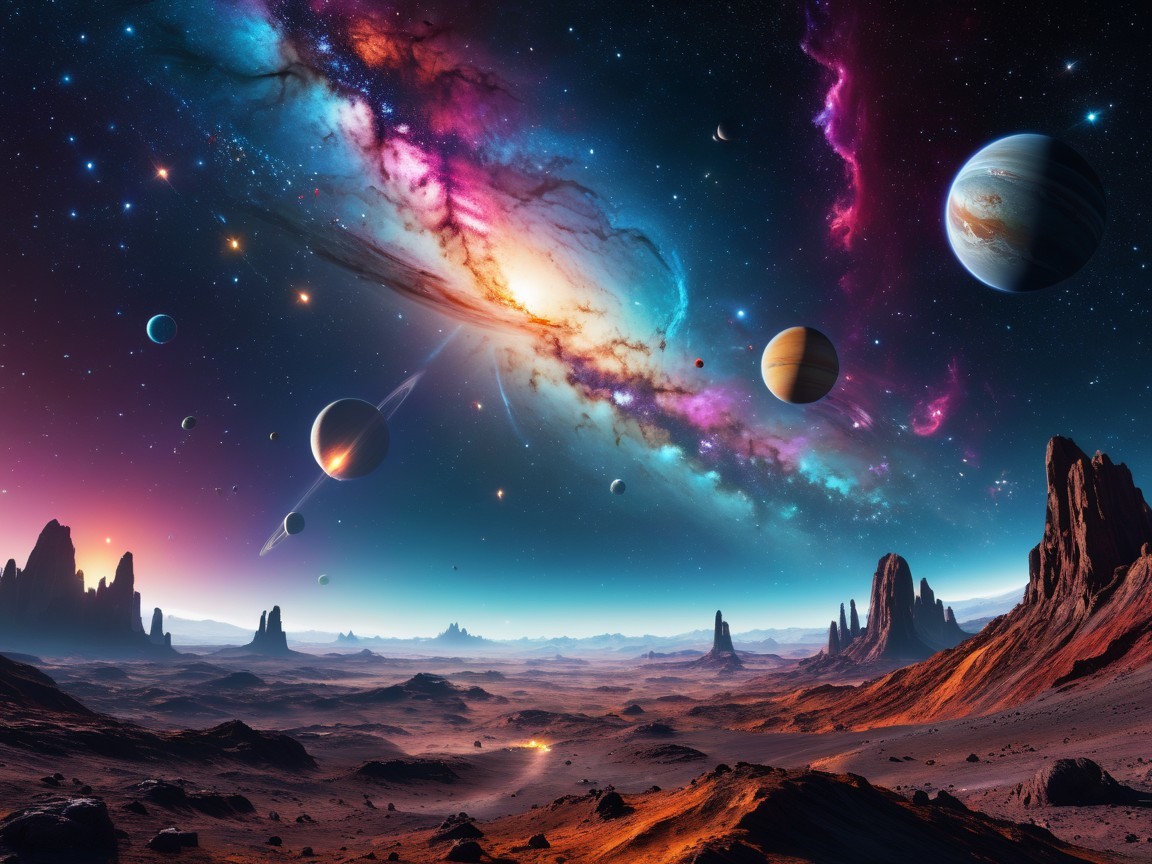 Vibrant Galaxy with Planets and Alien Landscape