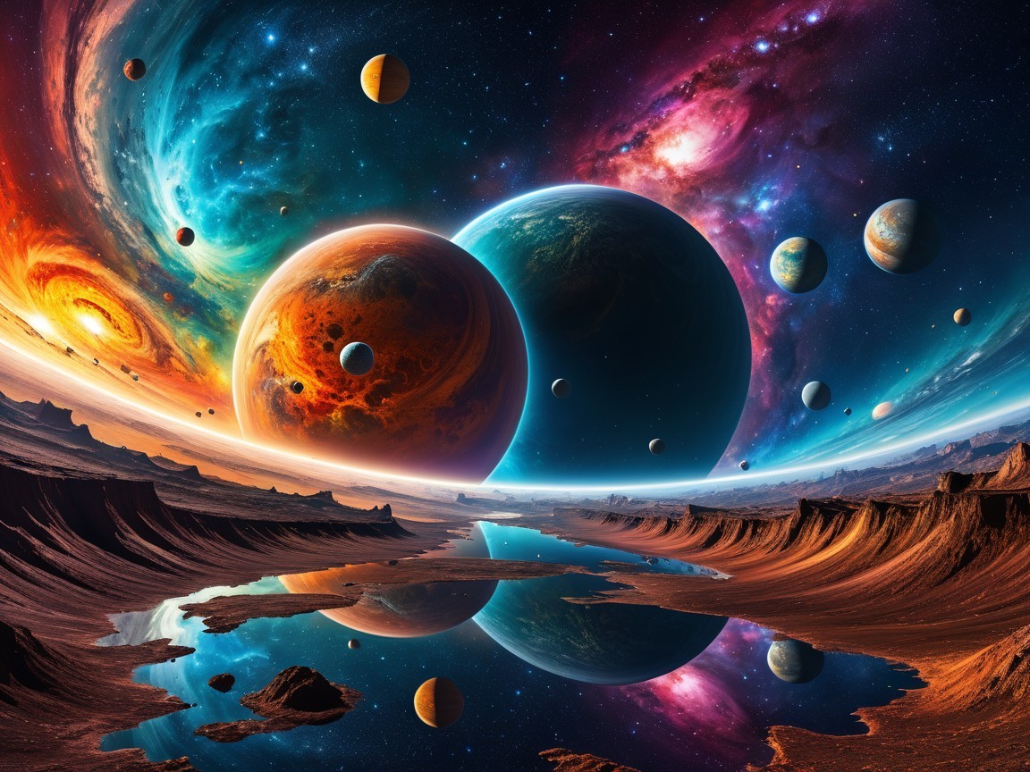 Vibrant Cosmic Scene with Galaxies and Planets