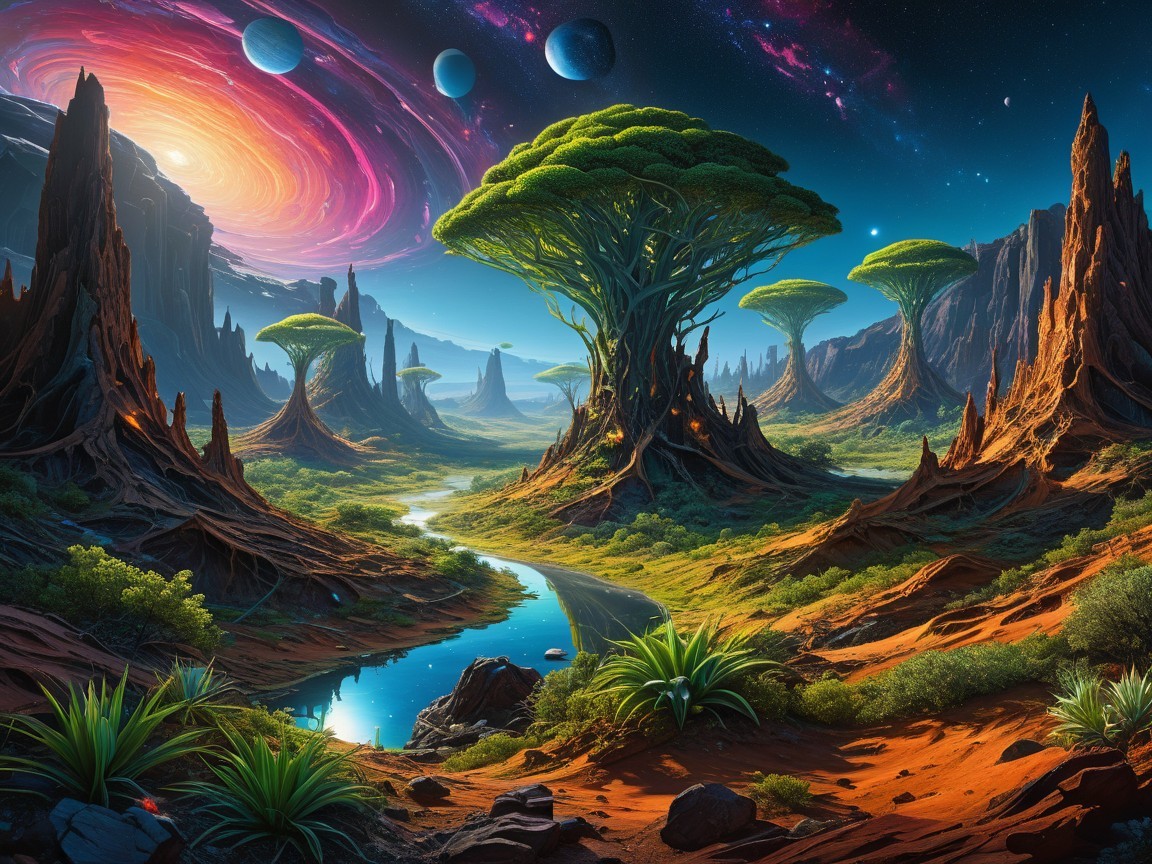 Surreal Alien Landscape with Vibrant Cosmic Features