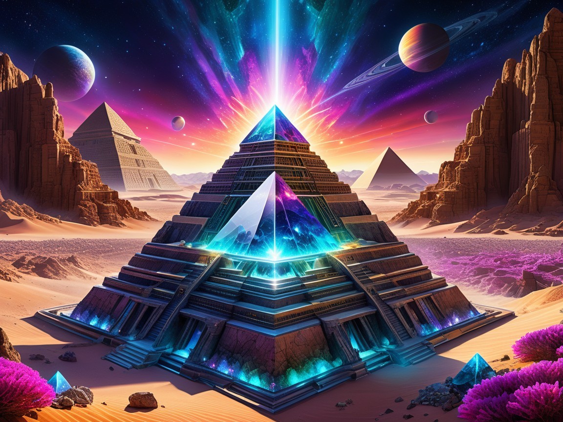 Futuristic pyramid in a starry desert landscape