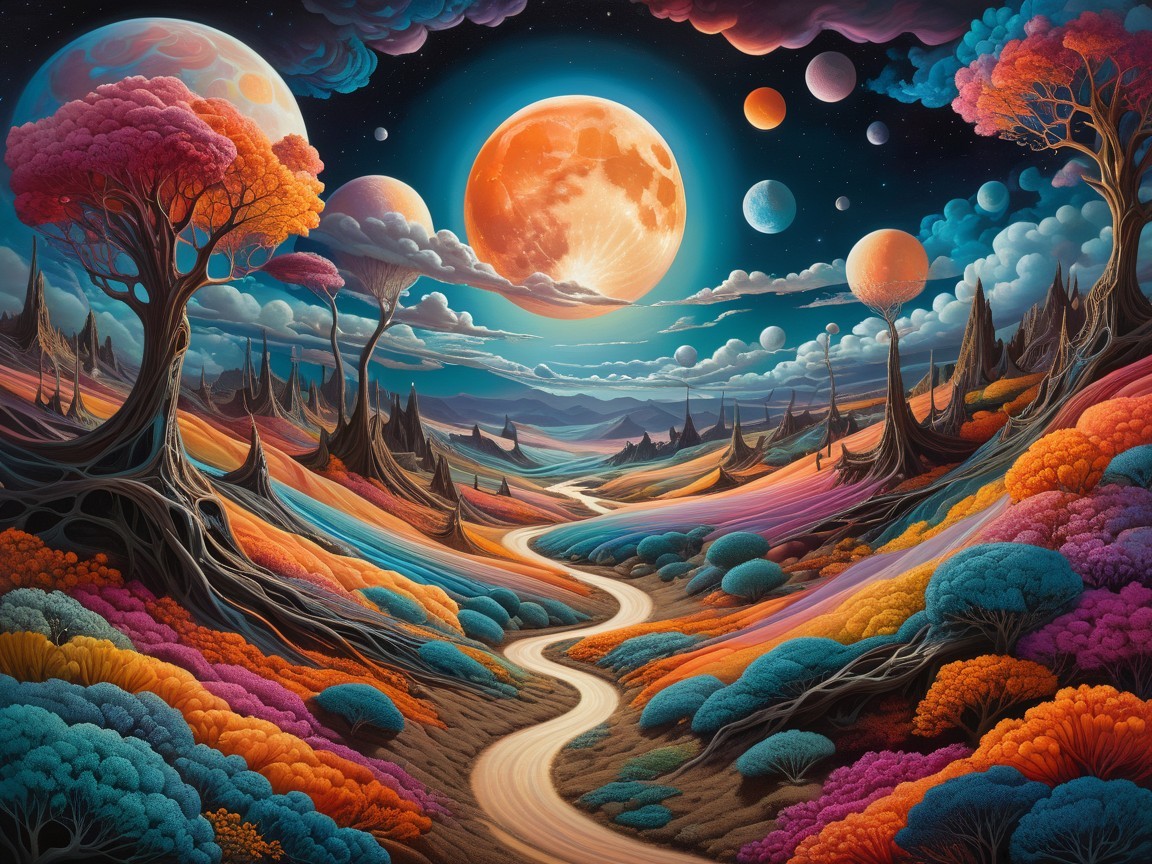 Vibrant Alien Landscape with Twisted Trees and River