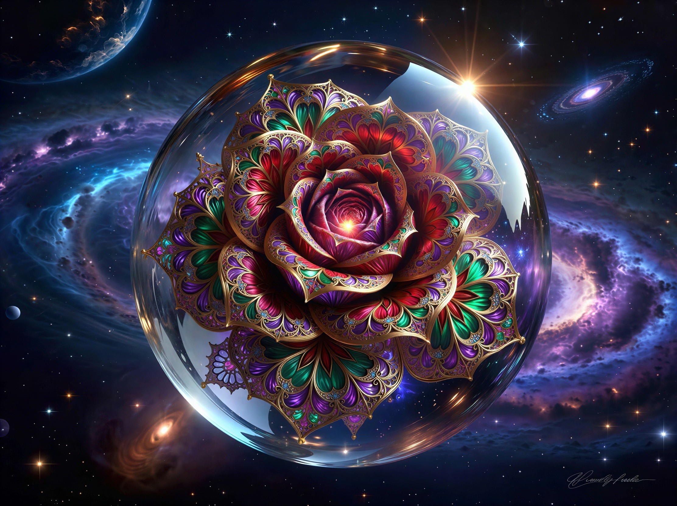 Ornate golden rose in glass sphere against cosmic backdrop