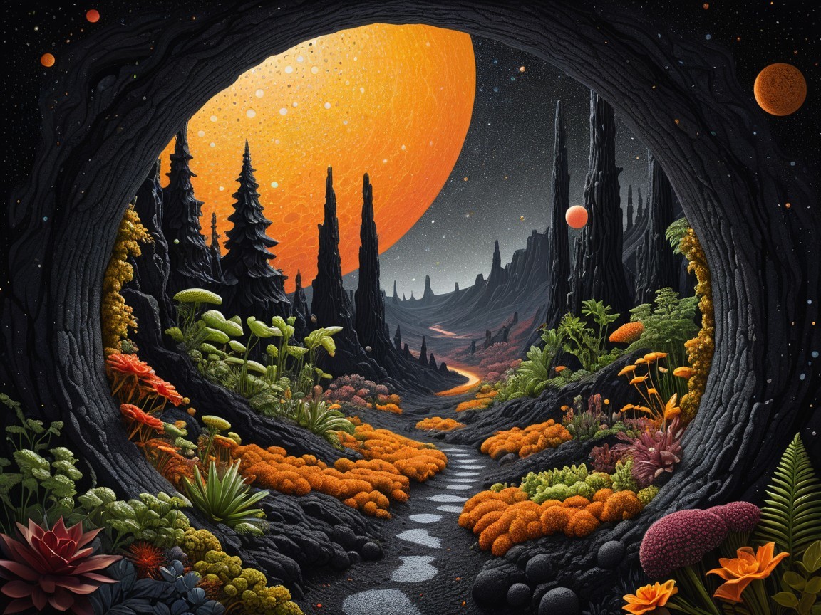 Alien Landscape with Vibrant Flora and Celestial Bodies