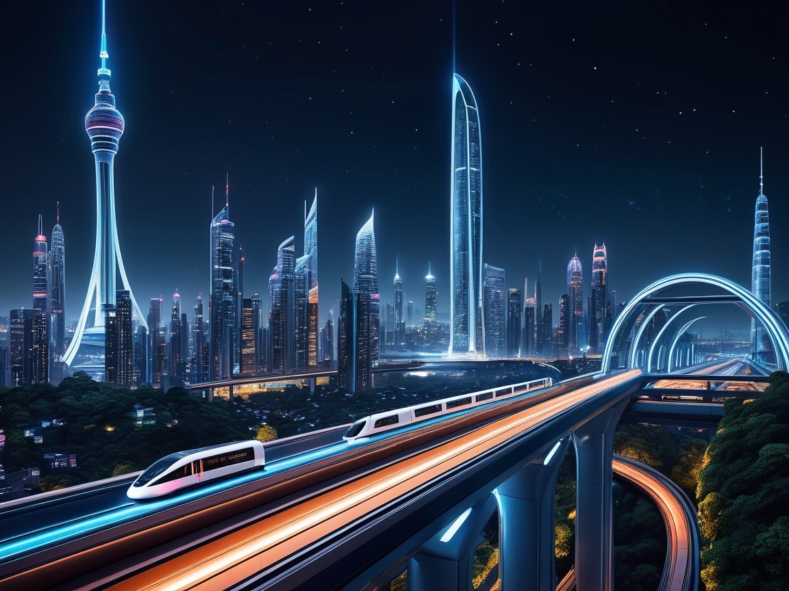 Futuristic City Skyline with Skyscrapers and Maglev Train
