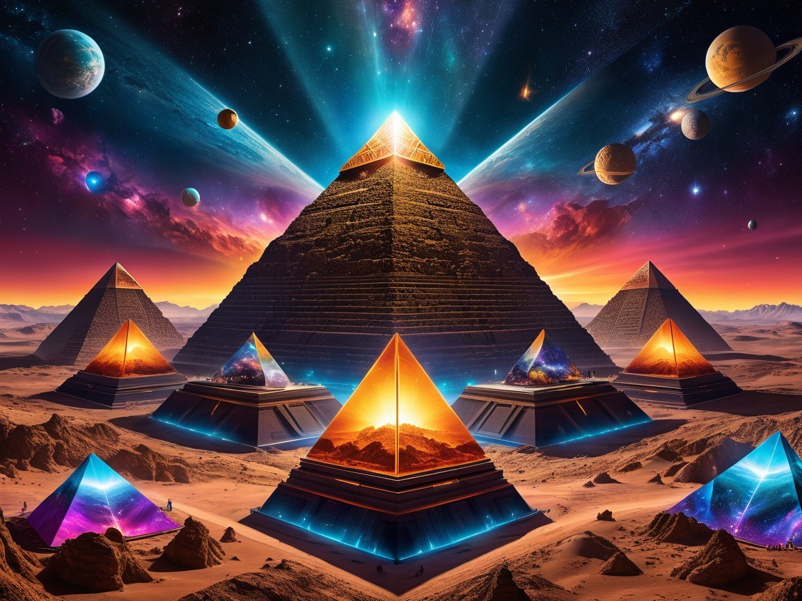 Surreal Landscape with Majestic Illuminated Pyramids