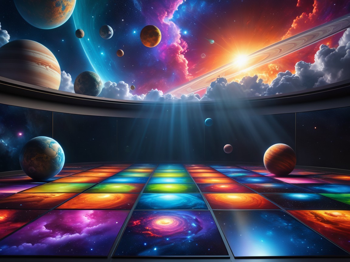 Cosmic Room with Multicolored Galaxy Floor and Planets