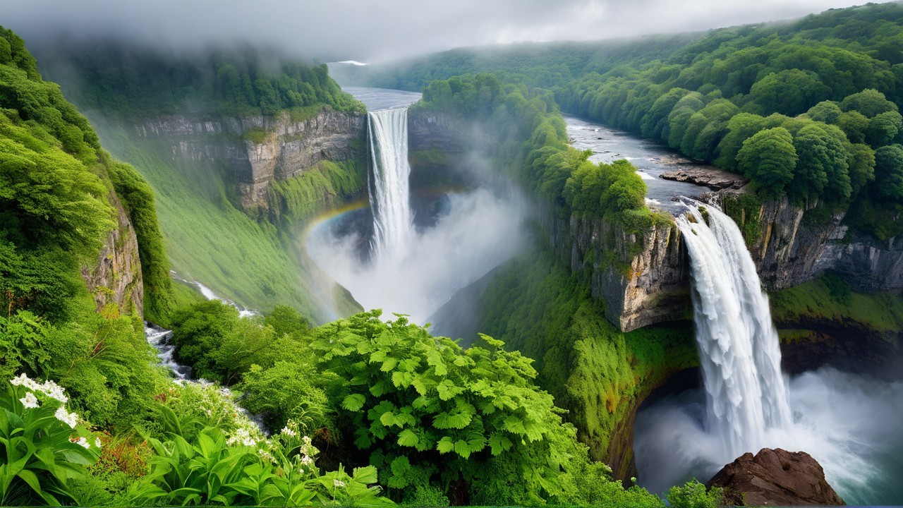 Majestic Waterfalls in Lush Green Landscape