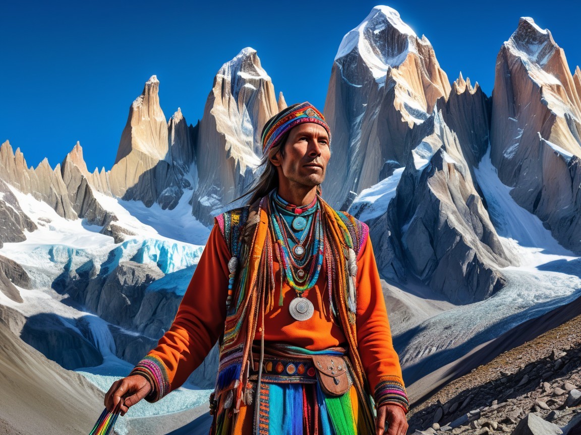 Indigenous Man in Vibrant Attire in Alpine Landscape