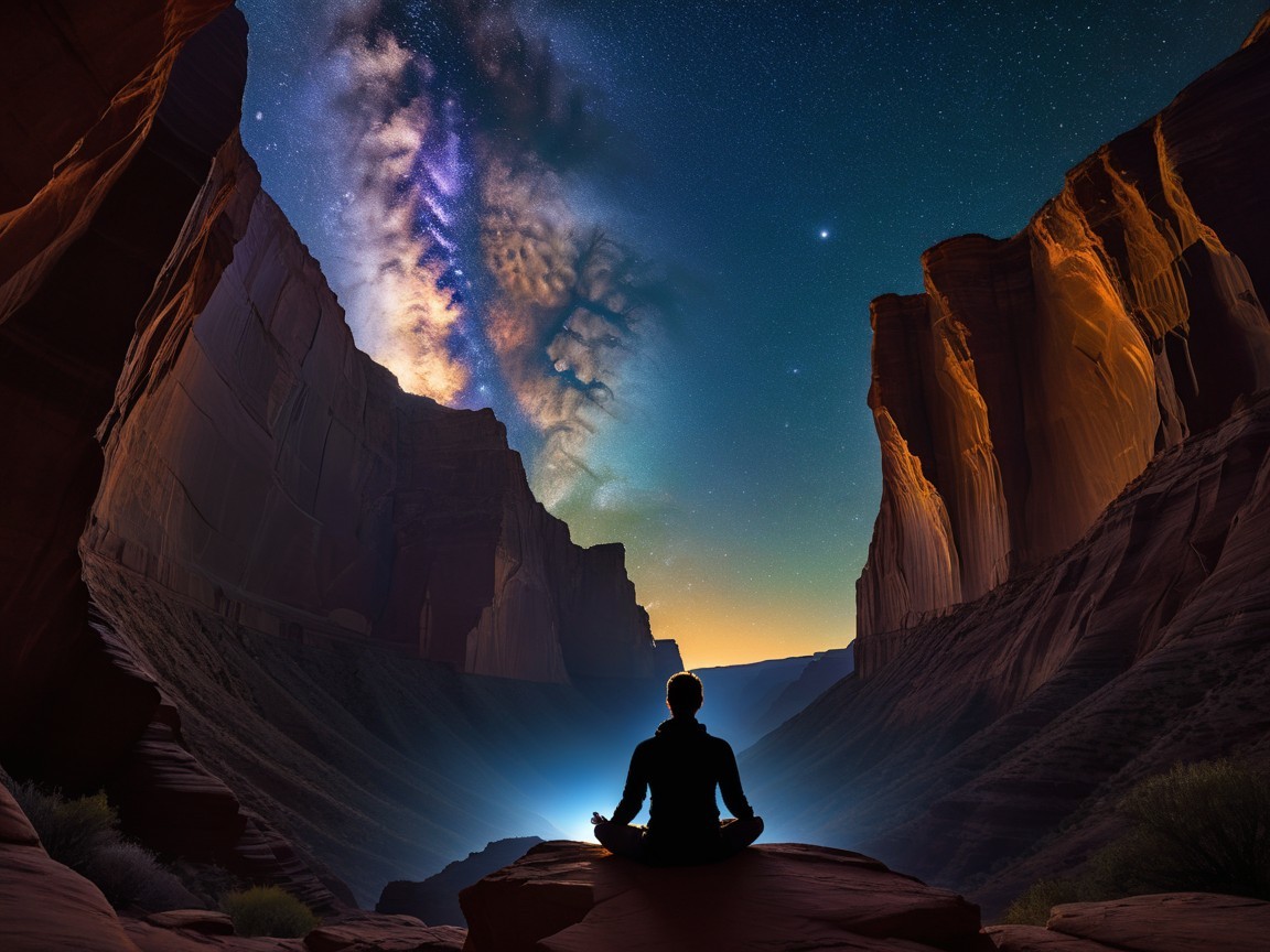 Serene Figure in Canyon Under Starry Night Sky