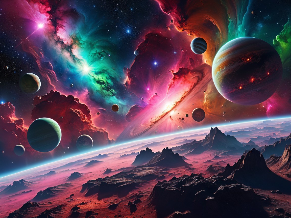 Vibrant Cosmic Landscape with Nebulae and Planets
