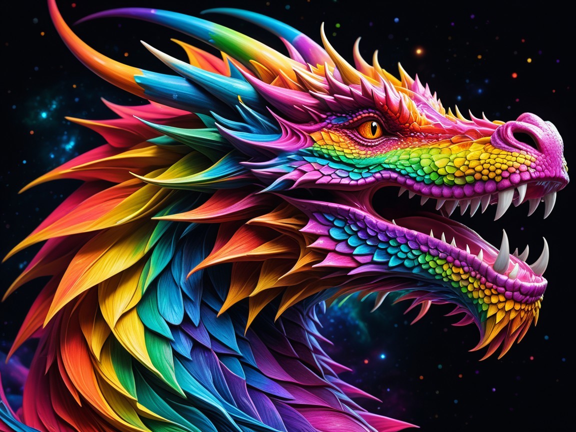Rainbow-Colored Dragon Against Starry Cosmic Background