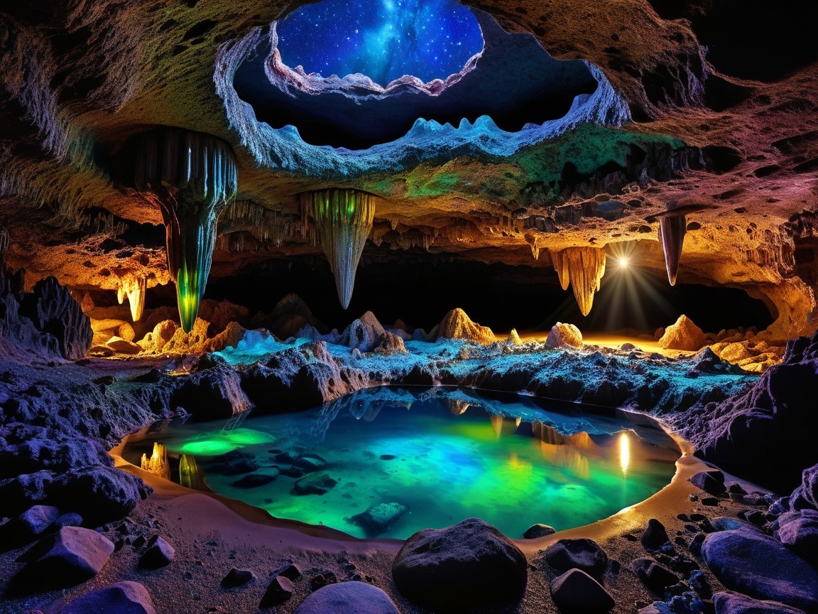 Underground Cavern with Colorful Stalactites and Pool