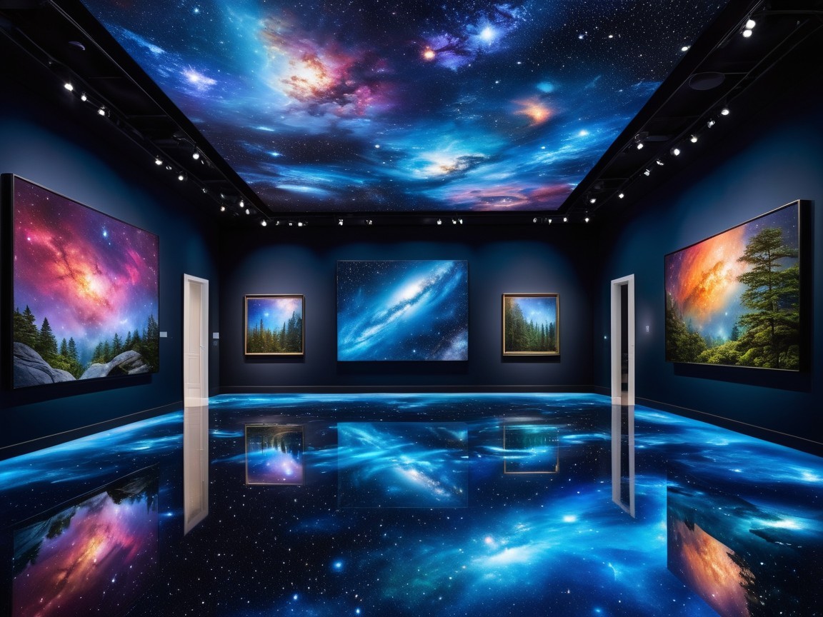 Modern Art Gallery with Cosmic-Themed Paintings