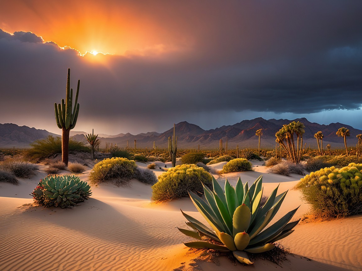 Desert Landscape at Sunset with Cacti and Dunes