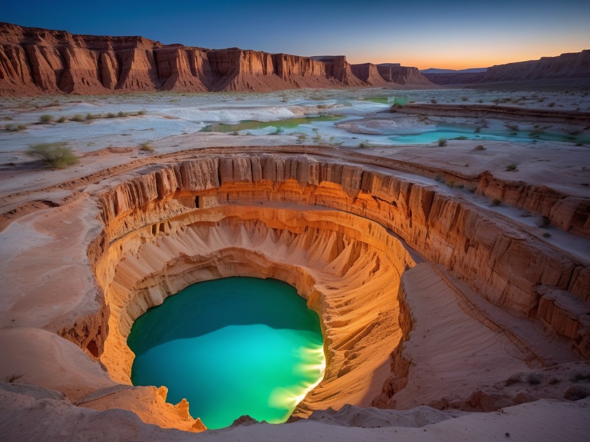 Canyon with Layered Rocks and Turquoise Water Pool
