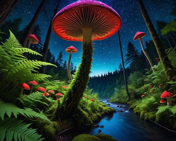 Mystical forest with glowing red mushrooms and river